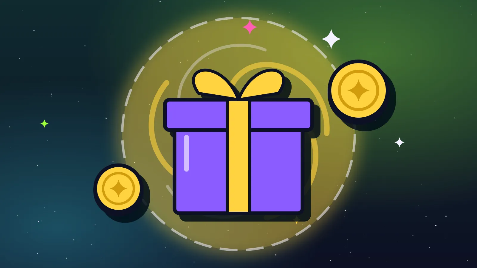 Ilustración de una caja de regalo morada con lazo amarillo y monedas doradas frente a un portal