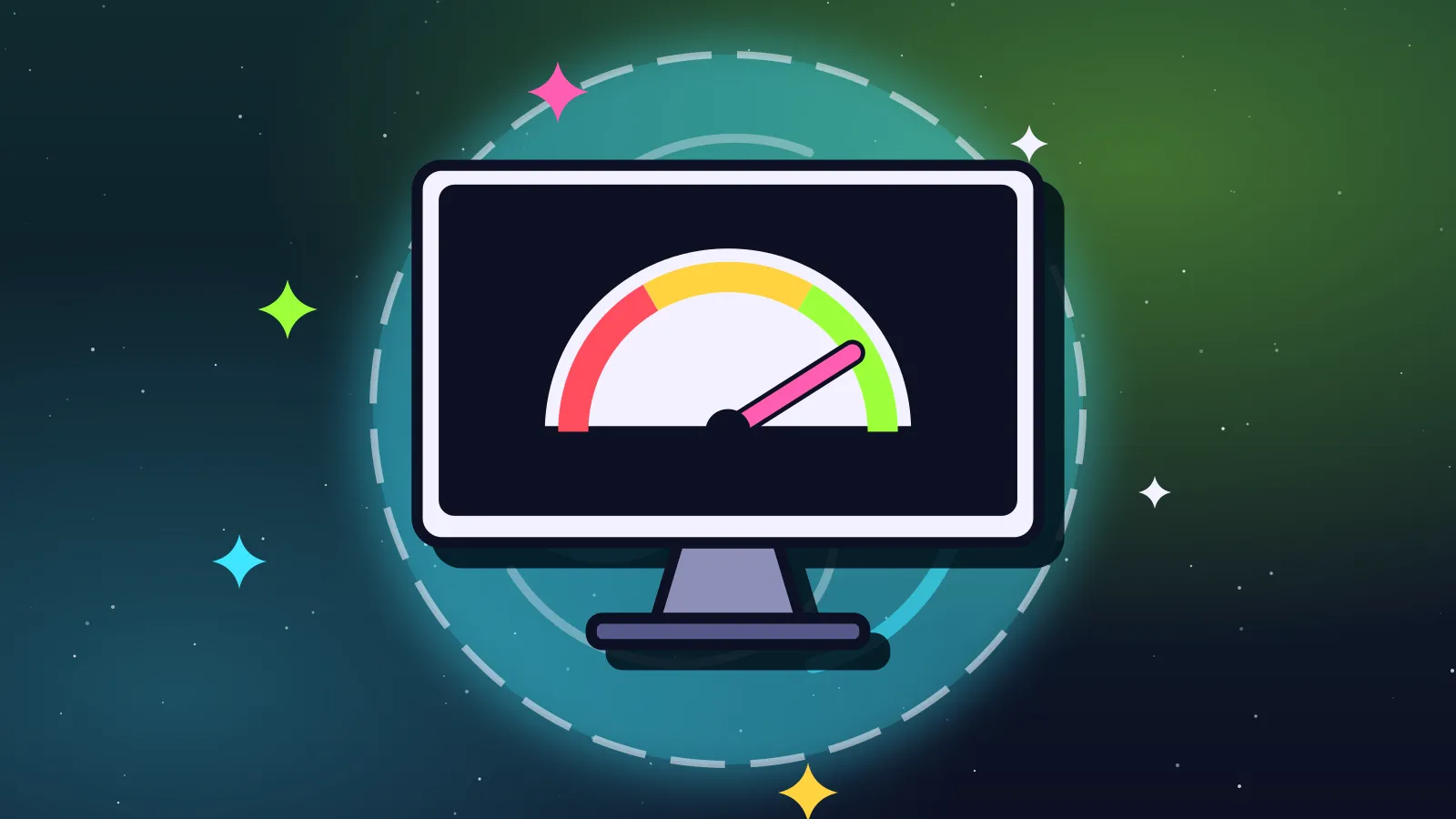 Ilustración de un monitor con un velocímetro de colores cuya aguja marca la zona verde