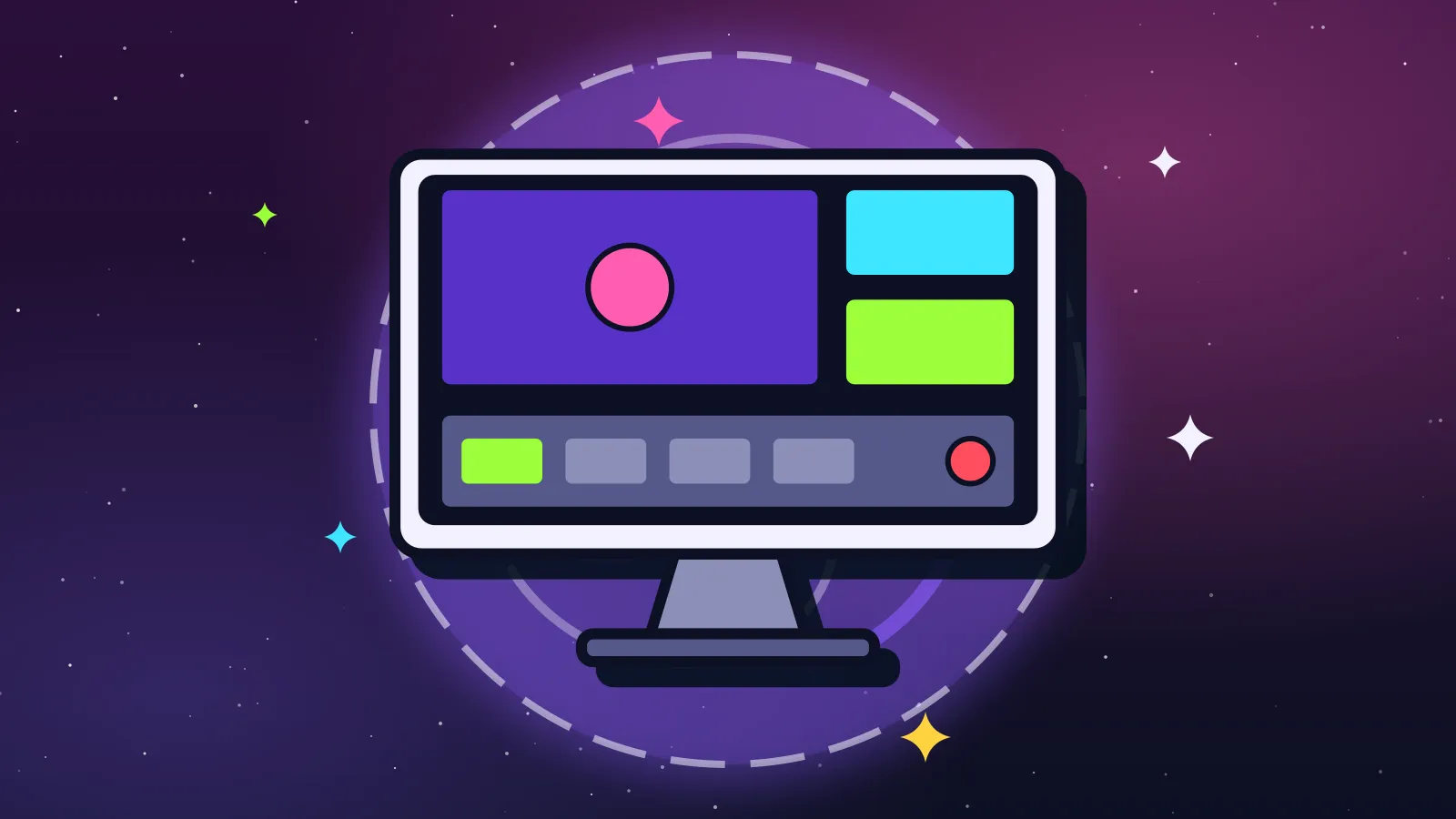 Ilustración de un monitor con un programa de transmisión: escena principal, cámaras y un botón rojo de grabar