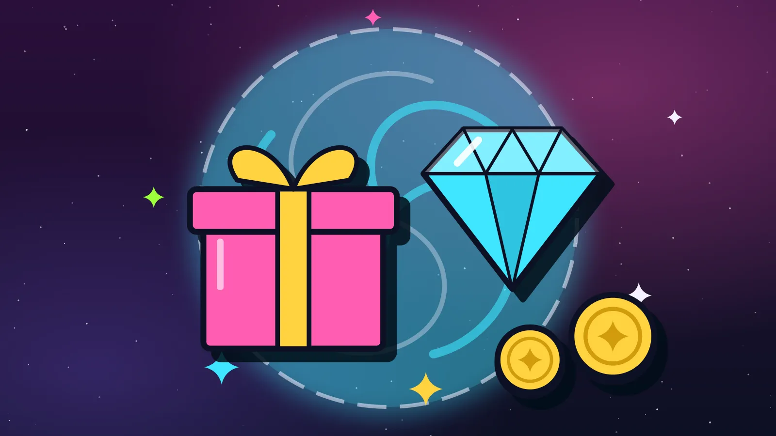 Ilustración de una caja de regalo rosada, un diamante celeste y dos monedas doradas