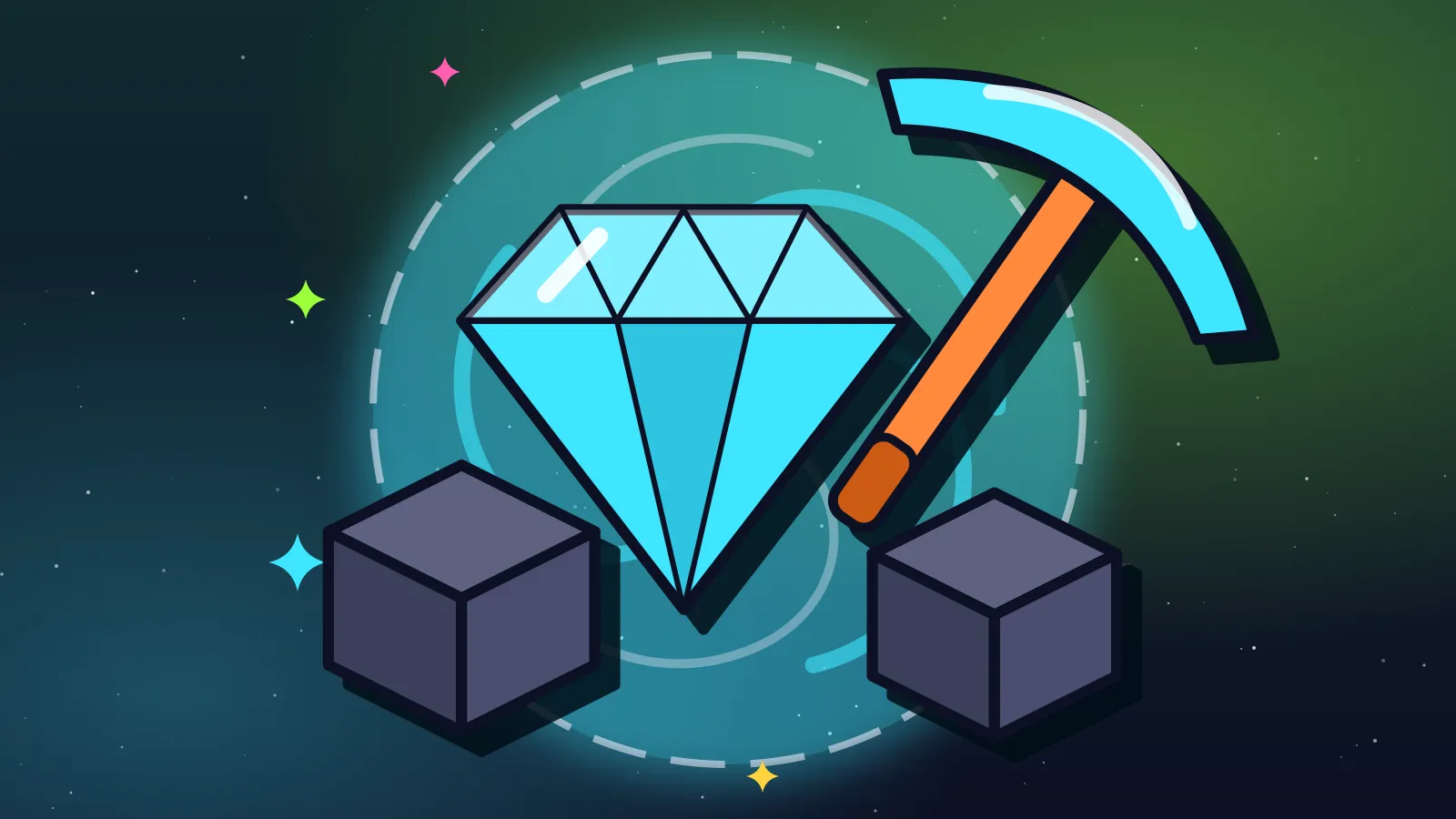 Ilustración de un diamante celeste y un pico frente a un portal verde, con bloques de piedra a los lados