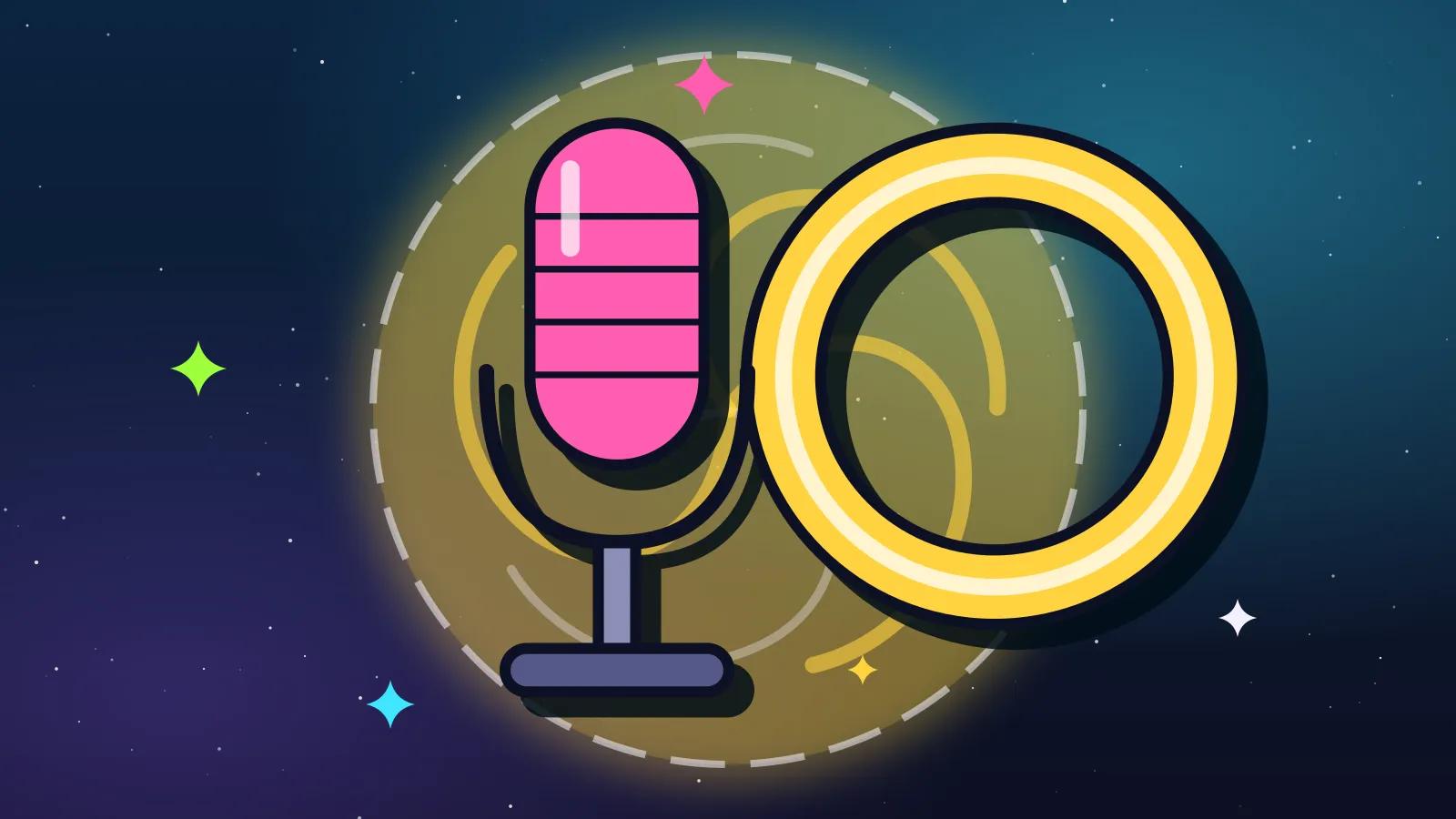 Ilustración de un micrófono rosado de estudio junto a un aro de luz amarillo