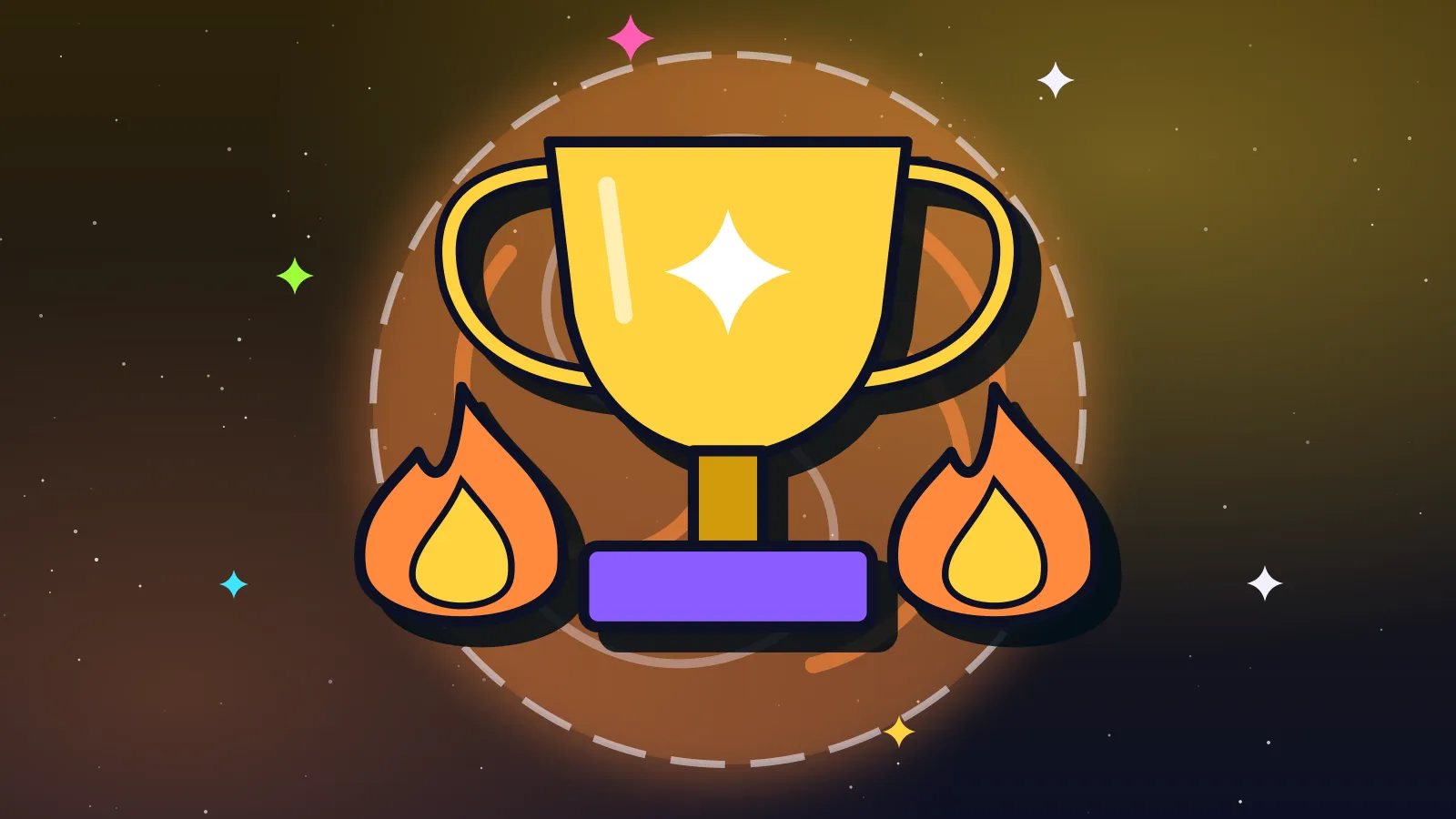 Ilustración de un trofeo dorado entre dos llamas naranjas frente a un portal