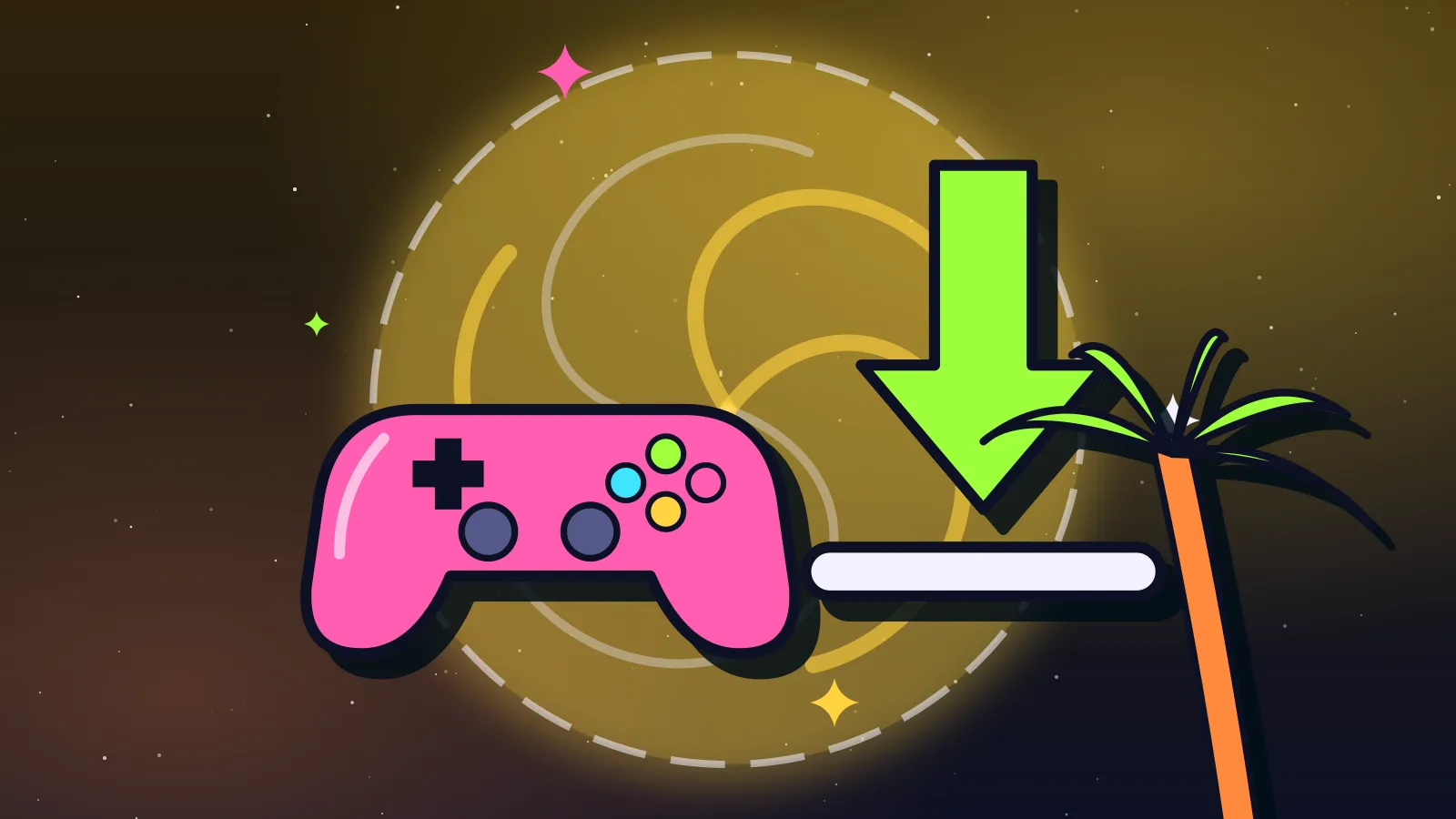Ilustración de un control rosado y una flecha verde de descarga junto a una palmera