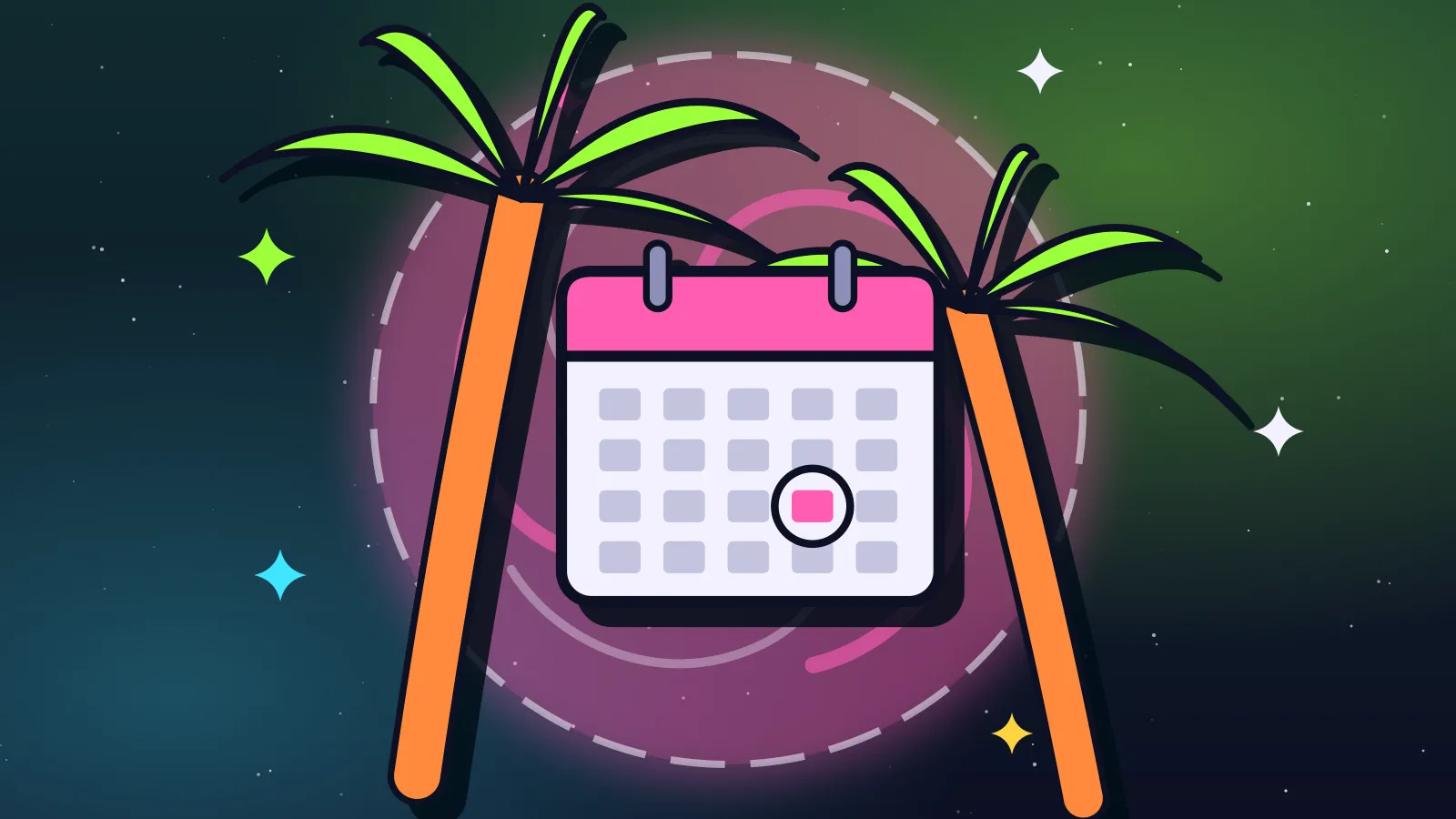Ilustración de dos palmeras junto a un calendario con un día marcado en rosa frente a un portal