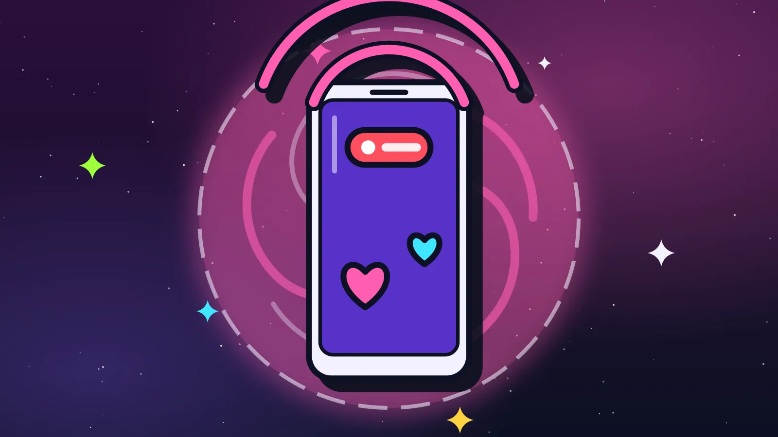 Ilustración de un celular con una insignia roja de transmisión en vivo y corazones flotando en la pantalla
