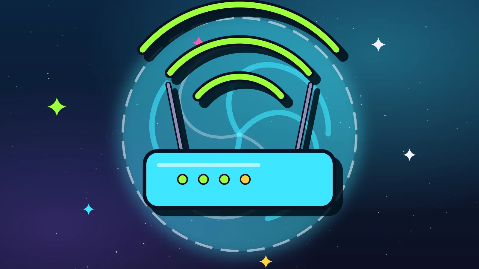 Ilustración de un router celeste con antenas y grandes ondas de wifi verdes