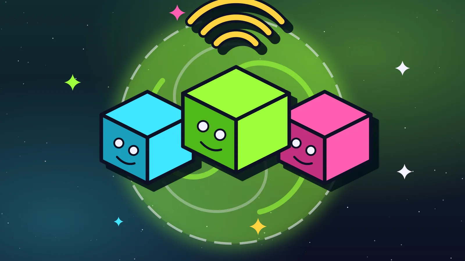 Ilustración de tres cabezas de cubo de colores sonriendo bajo una señal de wifi
