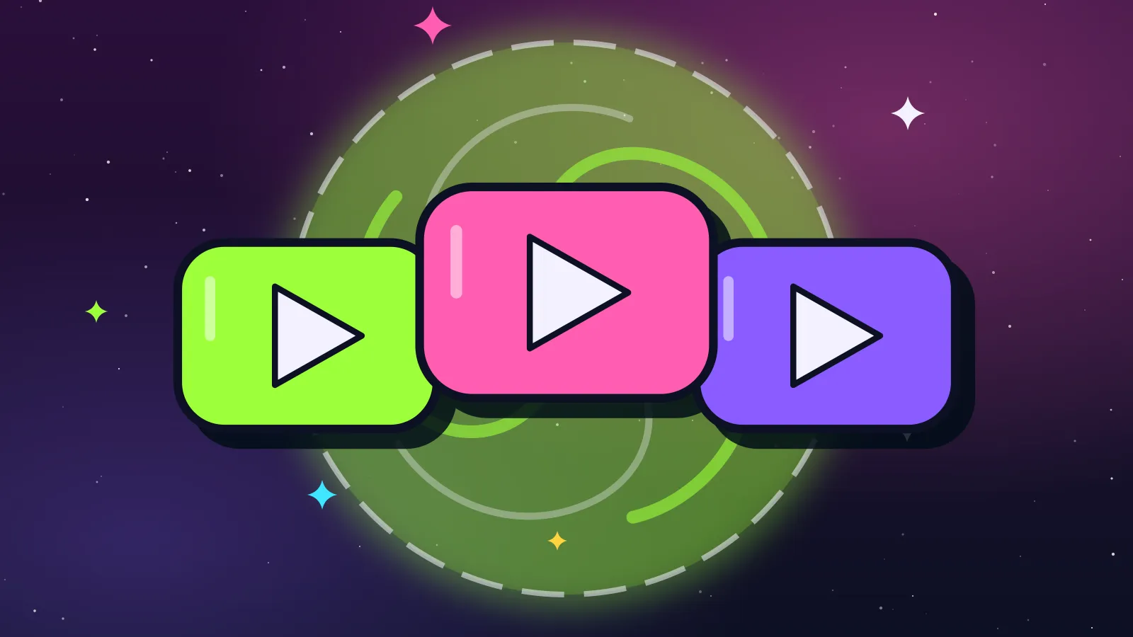 Ilustración de tres botones de reproducir de colores verde, rosado y morado frente a un portal