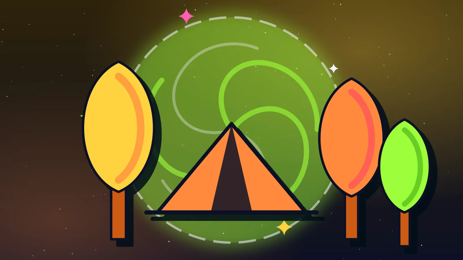 Ilustración de un bosque de álamos amarillos, naranjas y verdes junto a una carpa de campamento