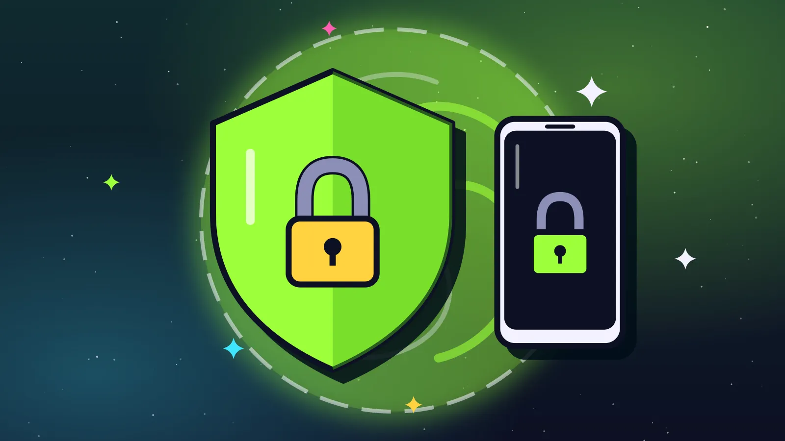 Ilustración de un escudo verde con candado junto a un celular que muestra otro candado