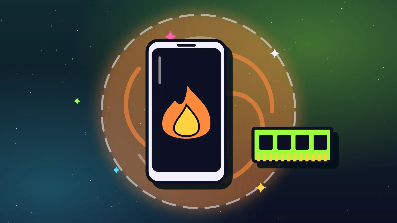 Ilustración de un celular con una llama en la pantalla junto a un módulo de memoria RAM verde