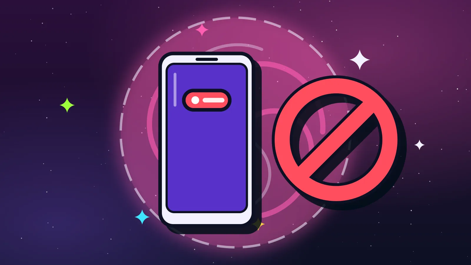 Ilustración de un celular con insignia de transmisión en vivo junto a una gran señal roja de prohibido